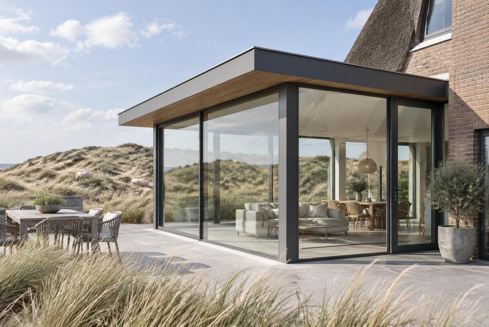 Moderne woning met slanke, antracietkleurige aluminium kozijnen en uitzicht op de Texelse duinen