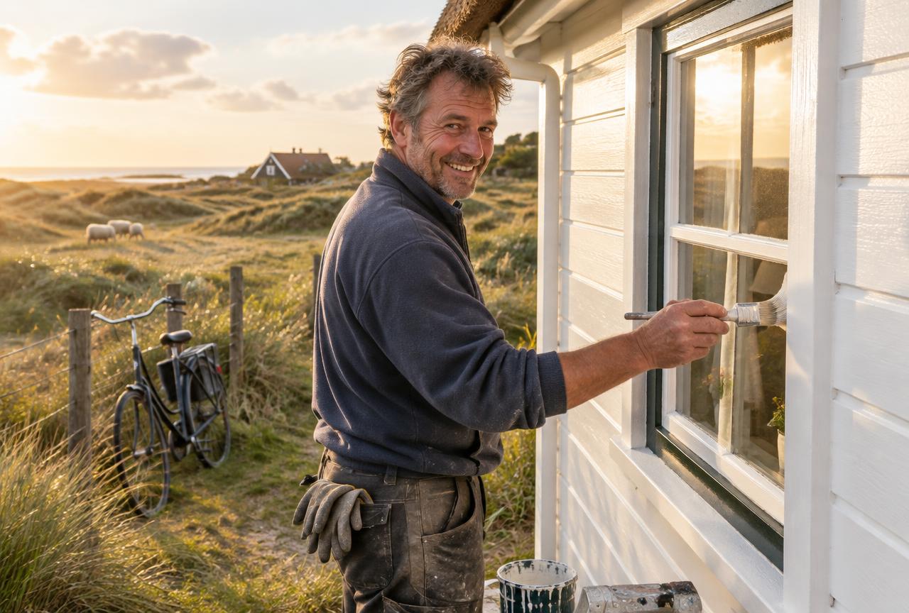 Vakman die het kozijn van een witte Texelse woning schildert, met duinen op de achtergrond
